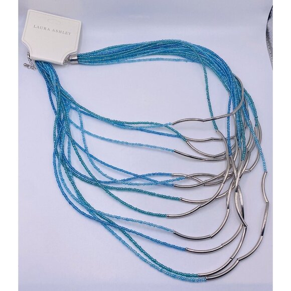 Laura Ashley Blue Seed Bead Silvertone Multi Strand Long Necklace 22” New - Picture 1 of 4